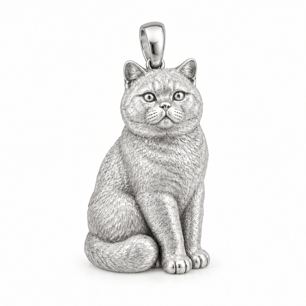 British shorthair cat pendant design render in high-polish white gold on white; pendant only.
