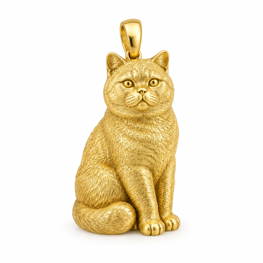 British shorthair cat pendant design render in high-polish yellow gold on white; pendant only.