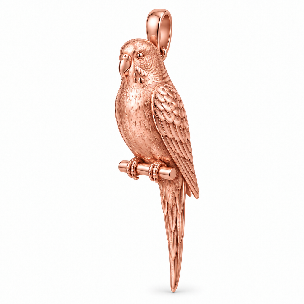 Budgerigar budgie pendant design render in high-polish rose gold on white; pendant only.