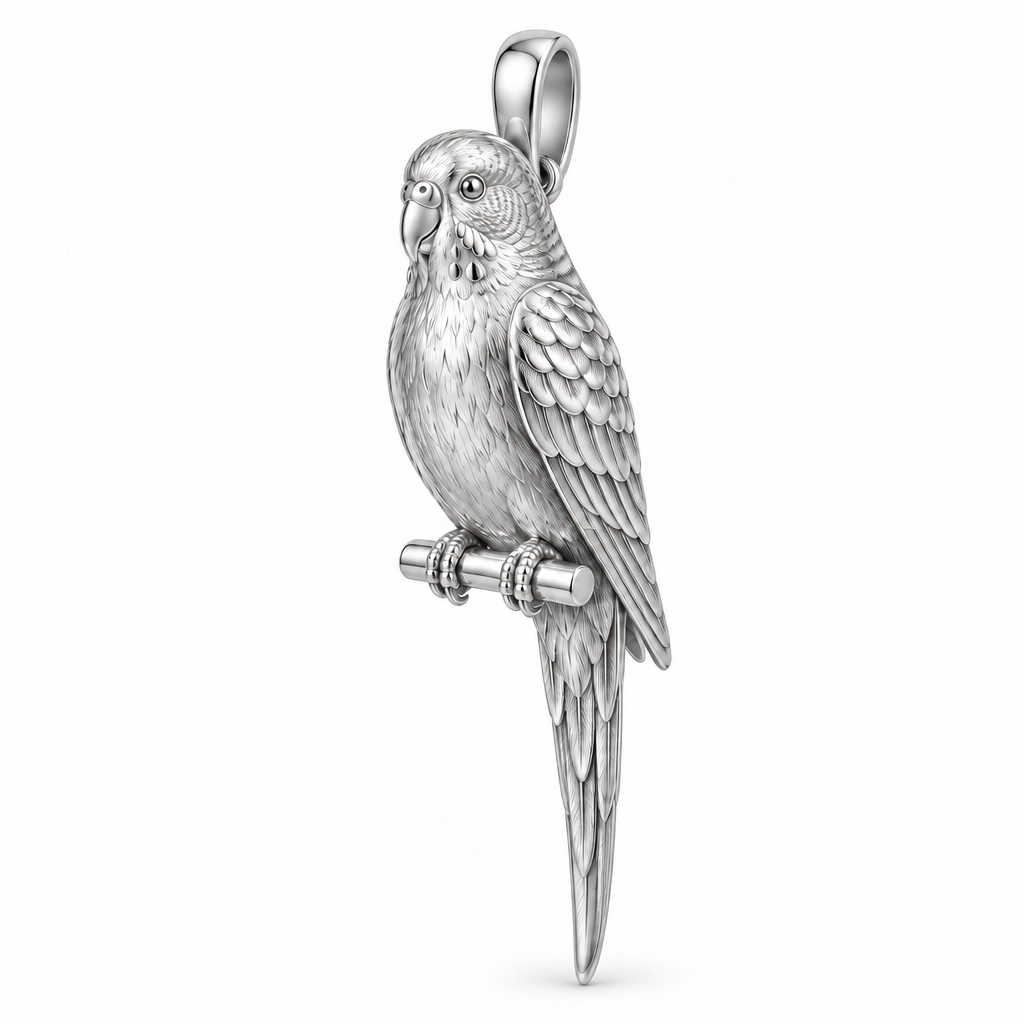 Budgerigar budgie pendant design render in high-polish white gold on white; pendant only.