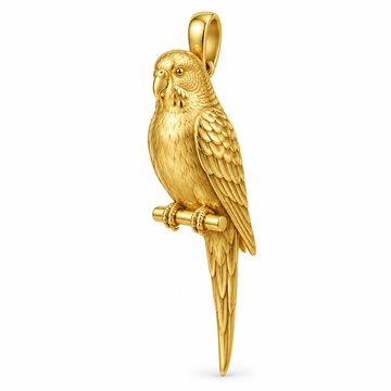 Budgerigar budgie pendant design render in high-polish yellow gold on white; pendant only.