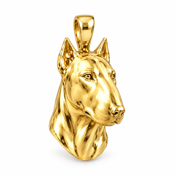 Bull Terrier high-polish yellow gold dog pendant, design render on white; pendant only.