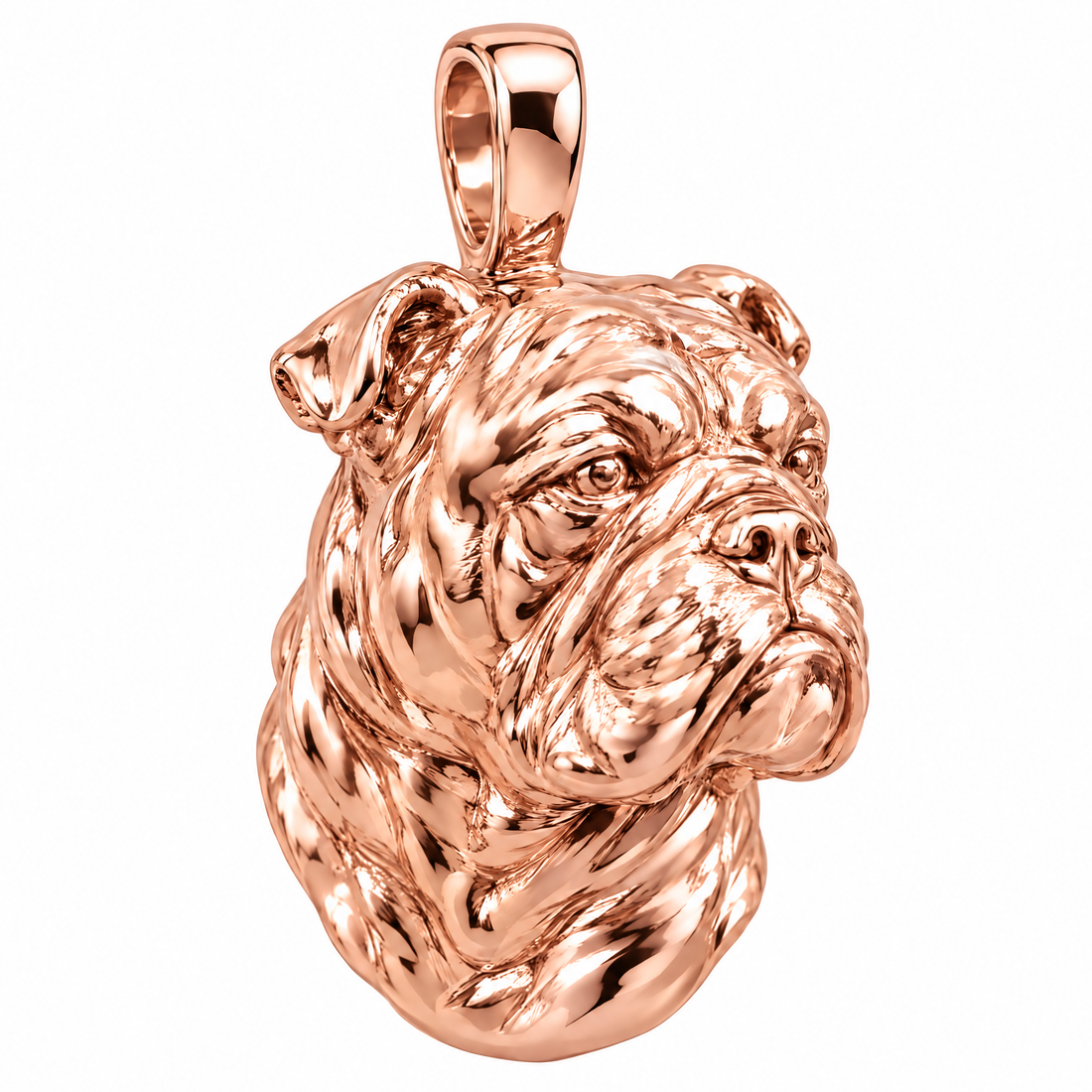 Bulldog high-polish rose gold dog pendant, product render on white.