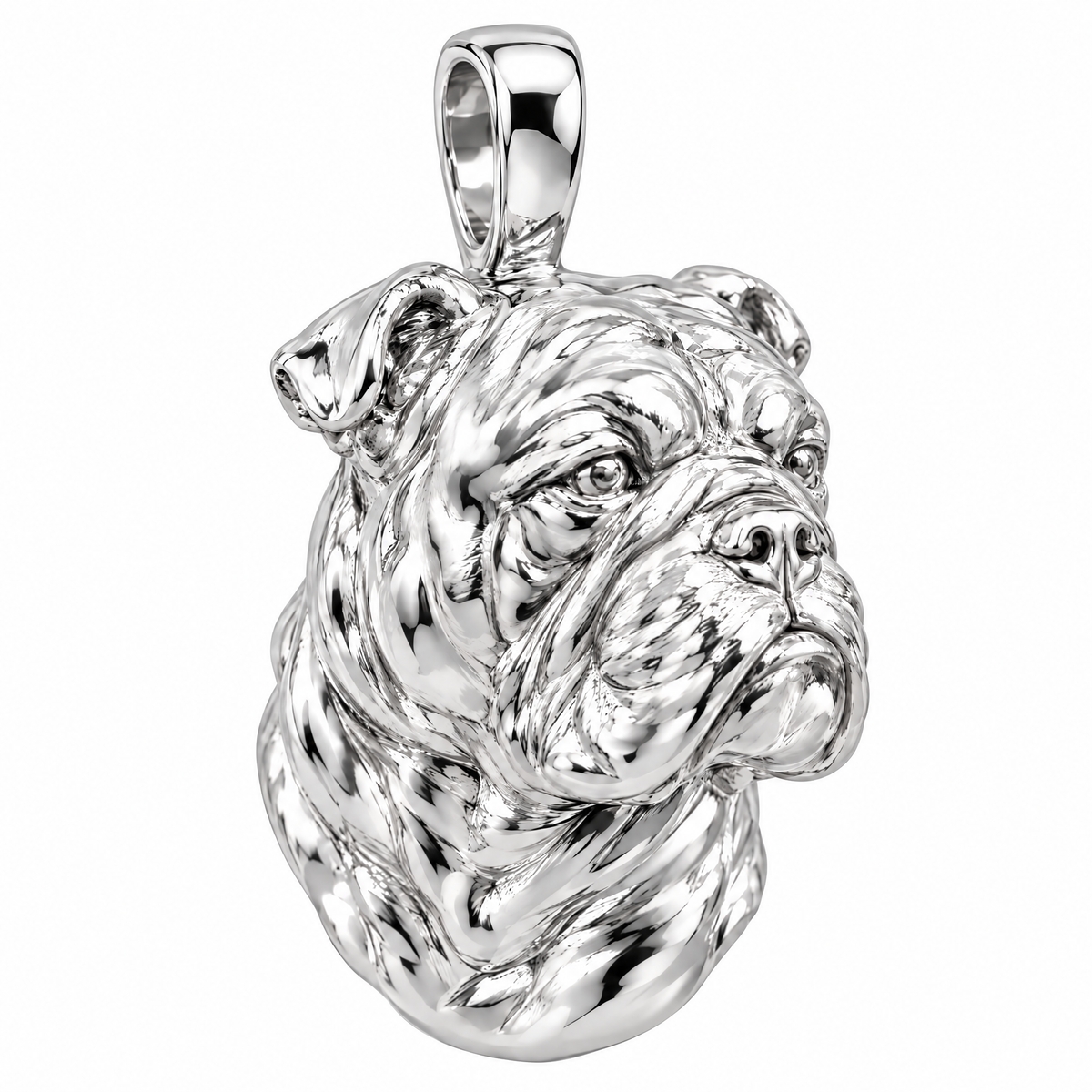 Bulldog high-polish white gold dog pendant, product render on white.