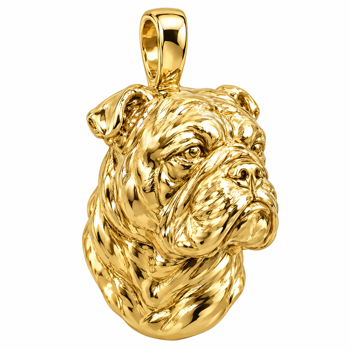 Bulldog high-polish yellow gold dog pendant, product render on white.