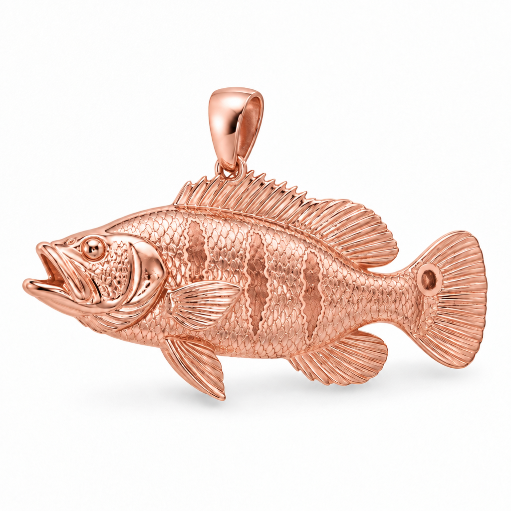 Butterfly peacock bass pendant design render in high-polish rose gold on white; pendant only.