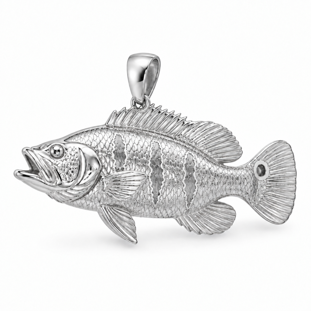 Butterfly peacock bass pendant design render in high-polish white gold on white; pendant only.