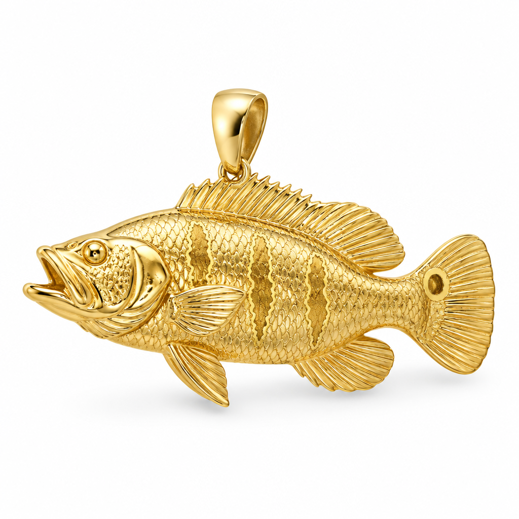 Butterfly peacock bass pendant design render in polished yellow gold; pendant only.