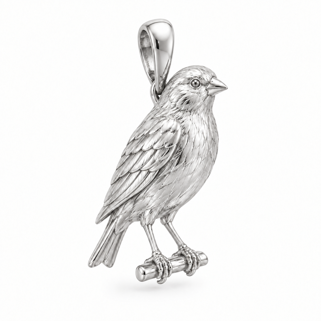 Canary pendant design render in high-polish white gold on white; pendant only.
