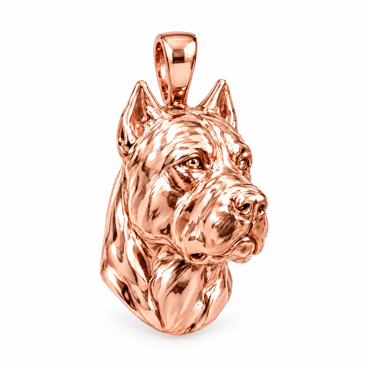 Cane Corso high-polish rose gold dog pendant, product render on white.