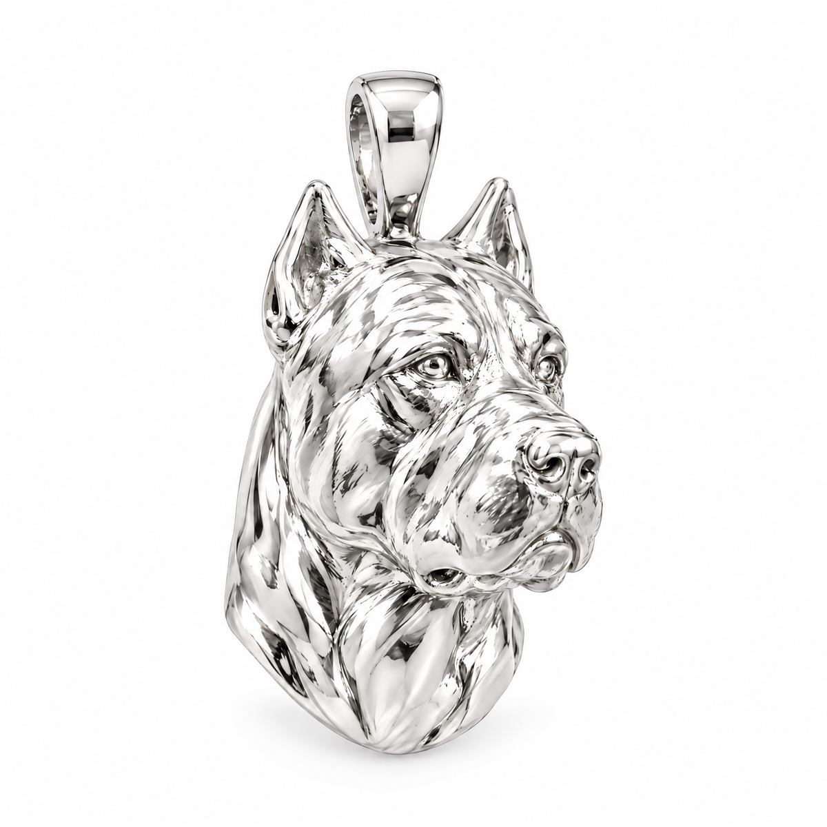 Cane Corso high-polish white gold dog pendant, product render on white.