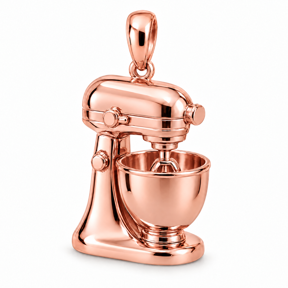 Baker stand mixer pendant in high-polish rose gold; 1Luxury Miami design render, pendant only.
