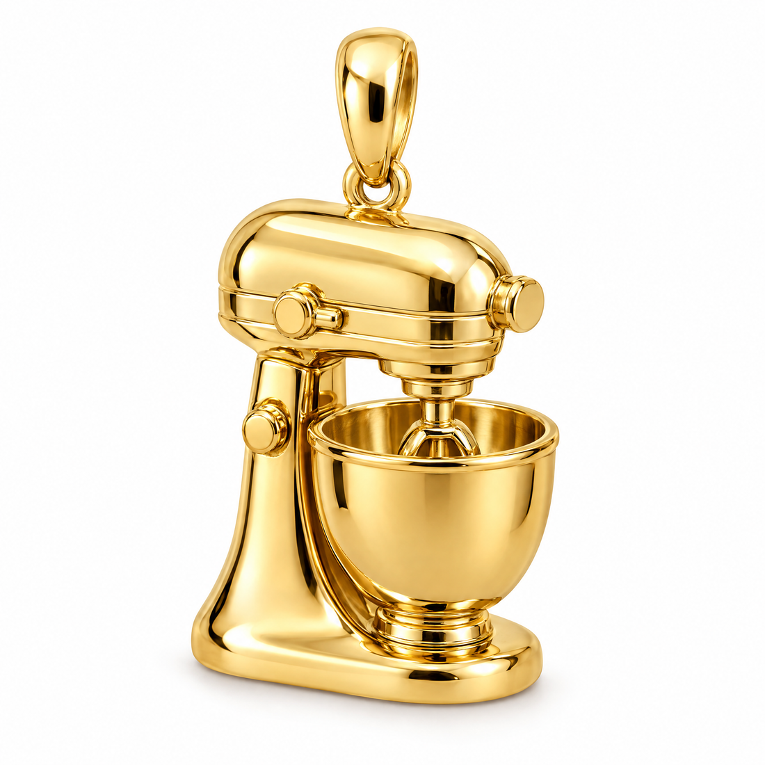 Baker stand mixer pendant in high-polish yellow gold; 1Luxury Miami design render, pendant only.