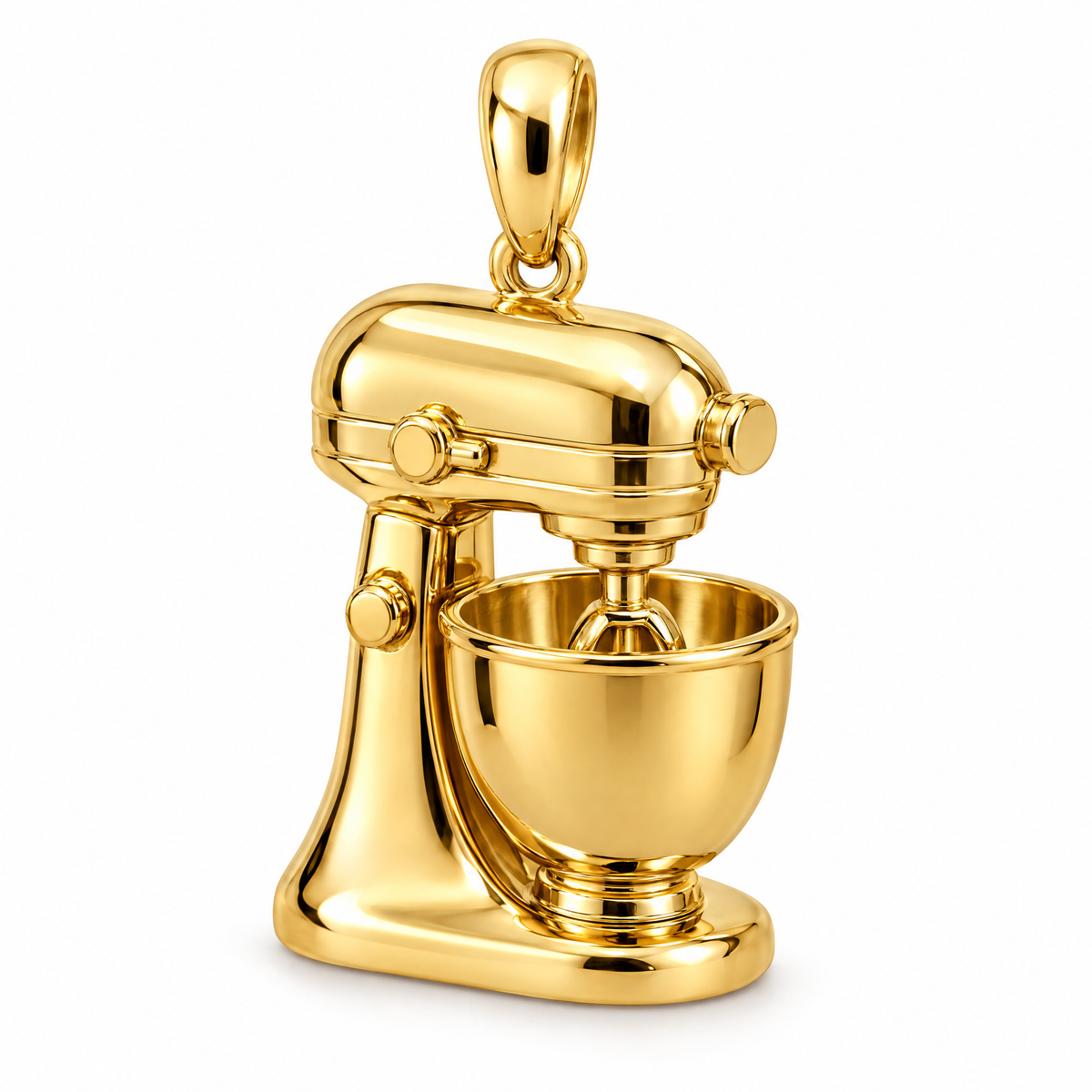Baker stand mixer pendant in high-polish yellow gold; 1Luxury Miami design render, pendant only.