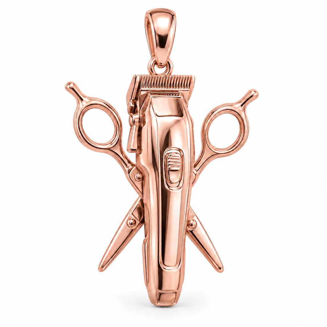 Barber clipper and scissors pendant in high-polish rose gold; 1Luxury Miami design render, pendant only.