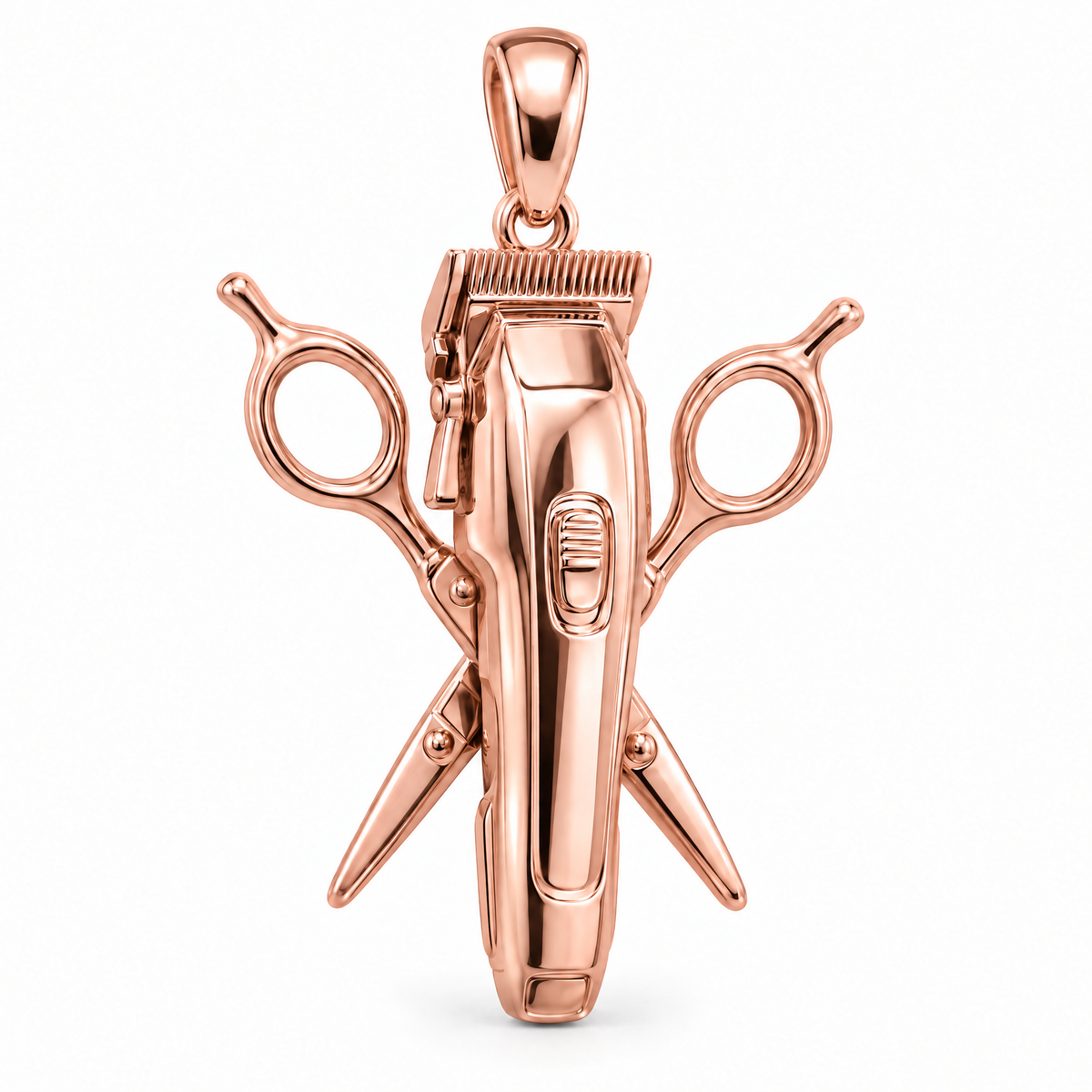 Barber clipper and scissors pendant in high-polish rose gold; 1Luxury Miami design render, pendant only.