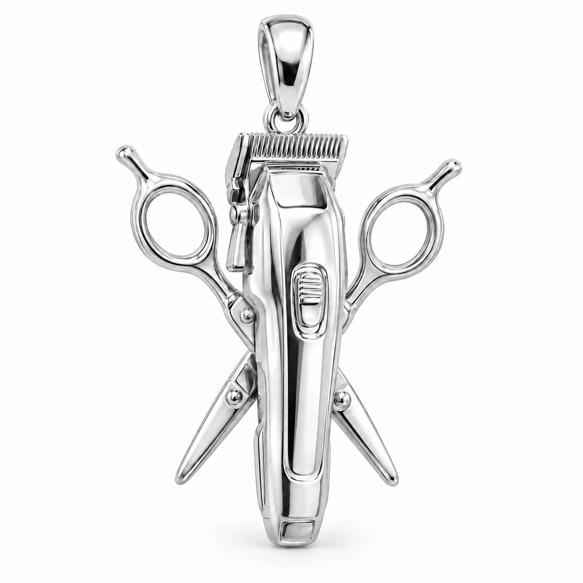 Barber clipper and scissors pendant in high-polish white gold; 1Luxury Miami design render, pendant only.