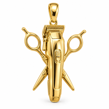 Barber clipper and scissors pendant in high-polish yellow gold; 1Luxury Miami design render, pendant only.