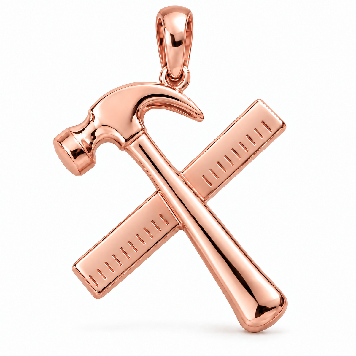 Carpenter hammer and framing square pendant in high-polish rose gold; 1Luxury Miami design render, pendant only.