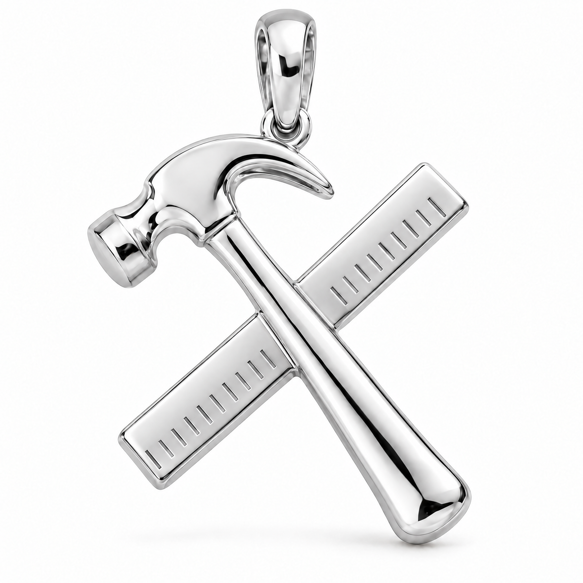 Carpenter hammer and framing square pendant in high-polish white gold; 1Luxury Miami design render, pendant only.