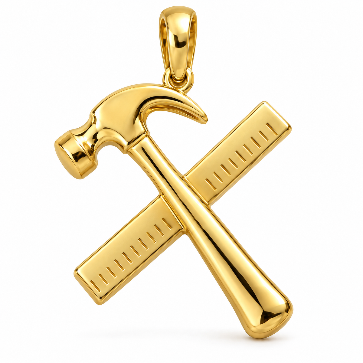Carpenter hammer and framing square pendant in high-polish yellow gold; 1Luxury Miami design render, pendant only.