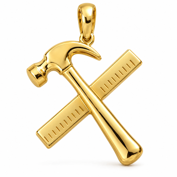 Carpenter hammer and framing square pendant in high-polish yellow gold; 1Luxury Miami design render, pendant only.