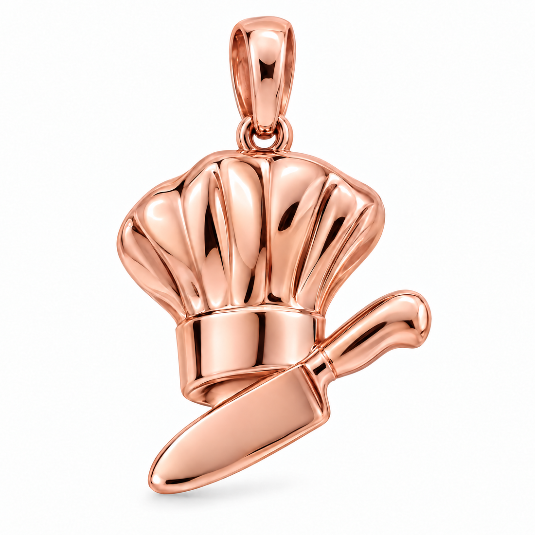 Chef hat and knife pendant in high-polish rose gold; 1Luxury Miami design render, pendant only.