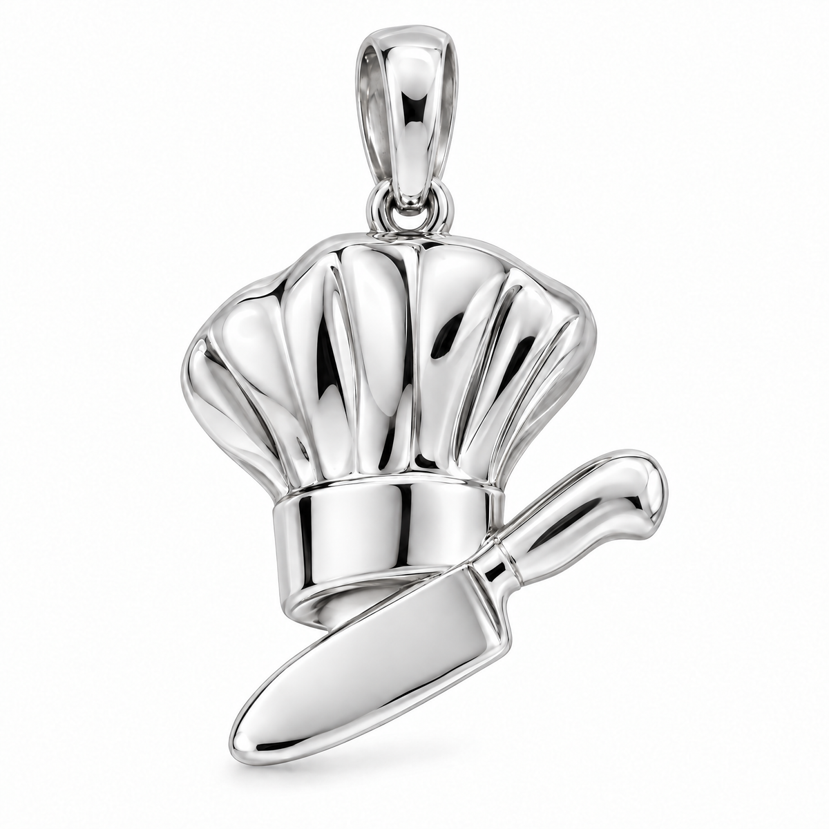 Chef hat and knife pendant in high-polish white gold; 1Luxury Miami design render, pendant only.