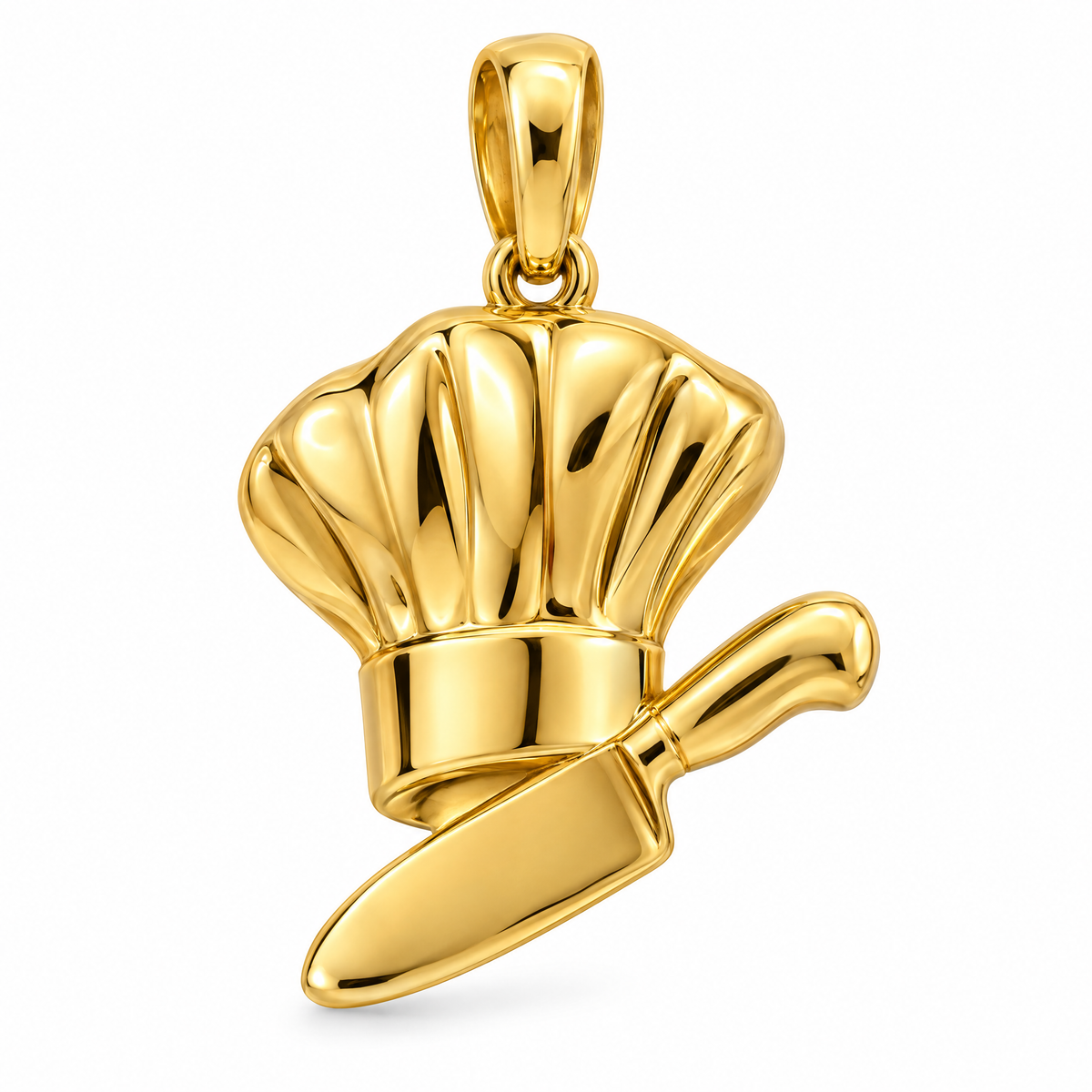 Chef hat and knife pendant in high-polish yellow gold; 1Luxury Miami design render, pendant only.