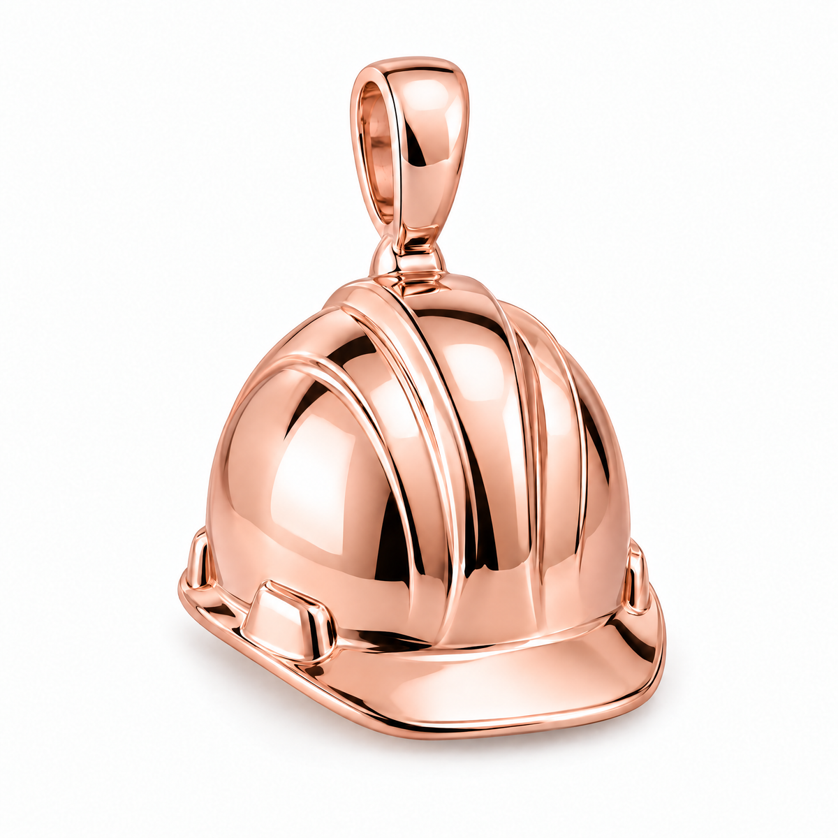 Construction hard hat pendant in high-polish rose gold; 1Luxury Miami design render, pendant only.