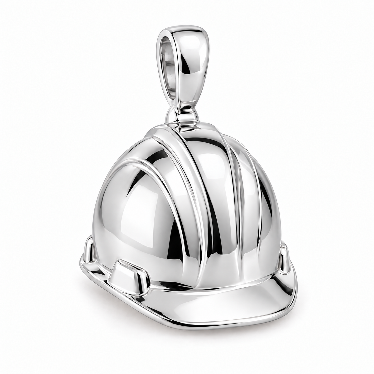 Construction hard hat pendant in high-polish white gold; 1Luxury Miami design render, pendant only.