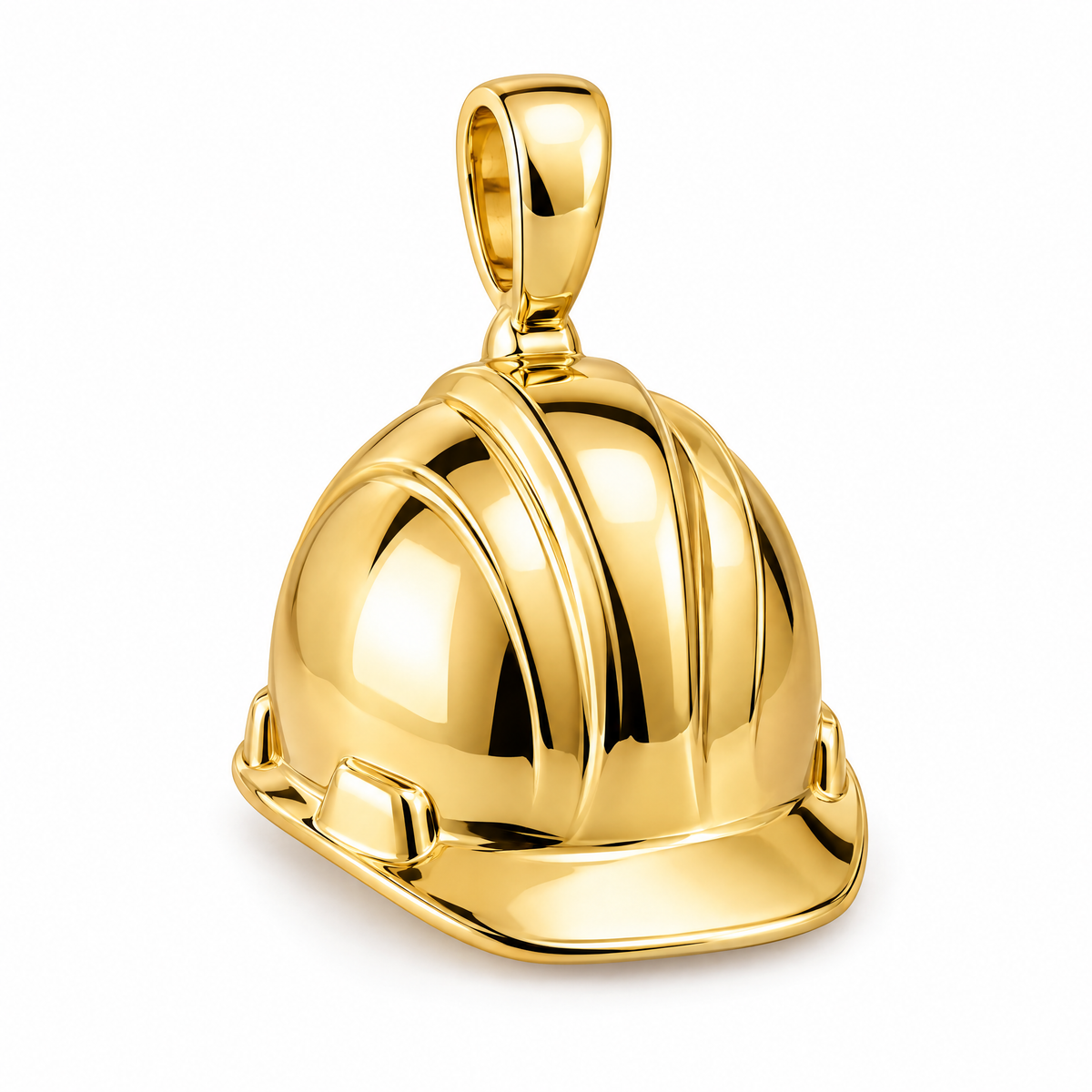 Construction hard hat pendant in high-polish yellow gold; 1Luxury Miami design render, pendant only.