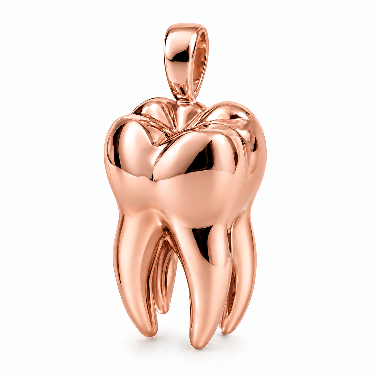 Dentist molar tooth pendant in high-polish rose gold; 1Luxury Miami design render, pendant only.