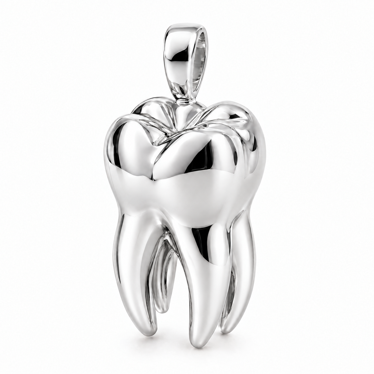 Dentist molar tooth pendant in high-polish white gold; 1Luxury Miami design render, pendant only.