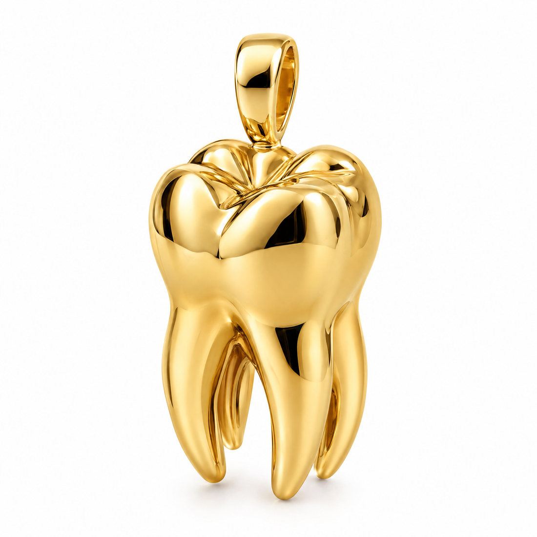 Dentist anatomical molar tooth pendant in high-polish yellow gold; 1Luxury Miami design render, pendant only.