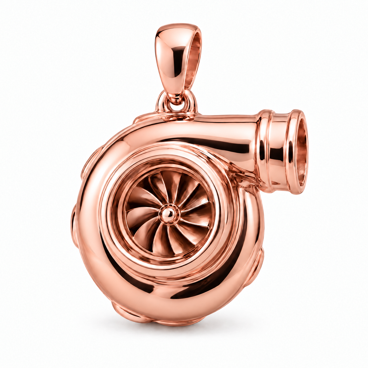 Diesel mechanic turbocharger pendant in high-polish rose gold; 1Luxury Miami design render, pendant only.