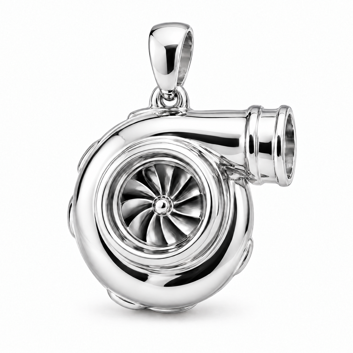 Diesel mechanic turbocharger pendant in high-polish white gold; 1Luxury Miami design render, pendant only.