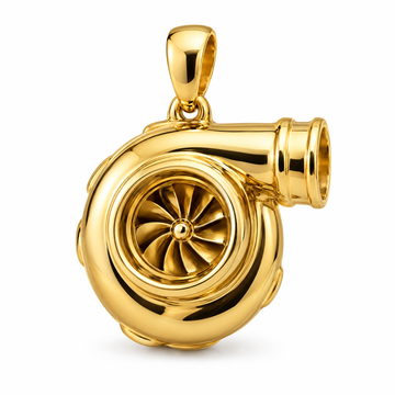 Diesel mechanic turbocharger pendant in high-polish yellow gold; 1Luxury Miami design render, pendant only.