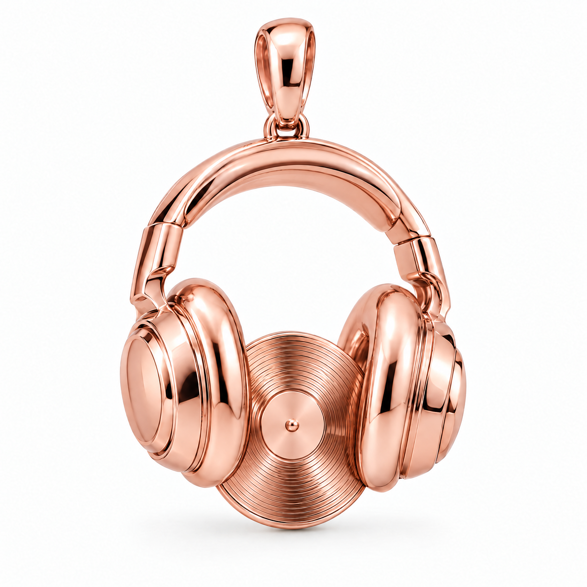 DJ headphones and record pendant in high-polish rose gold; 1Luxury Miami design render, pendant only.