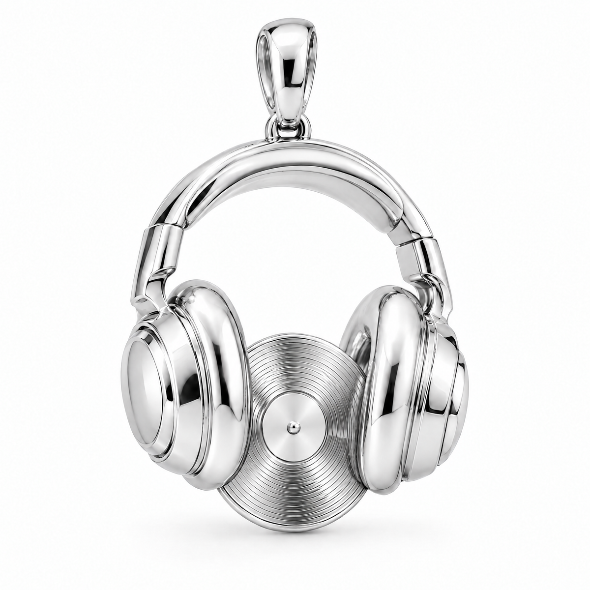 DJ headphones and record pendant in high-polish white gold; 1Luxury Miami design render, pendant only.