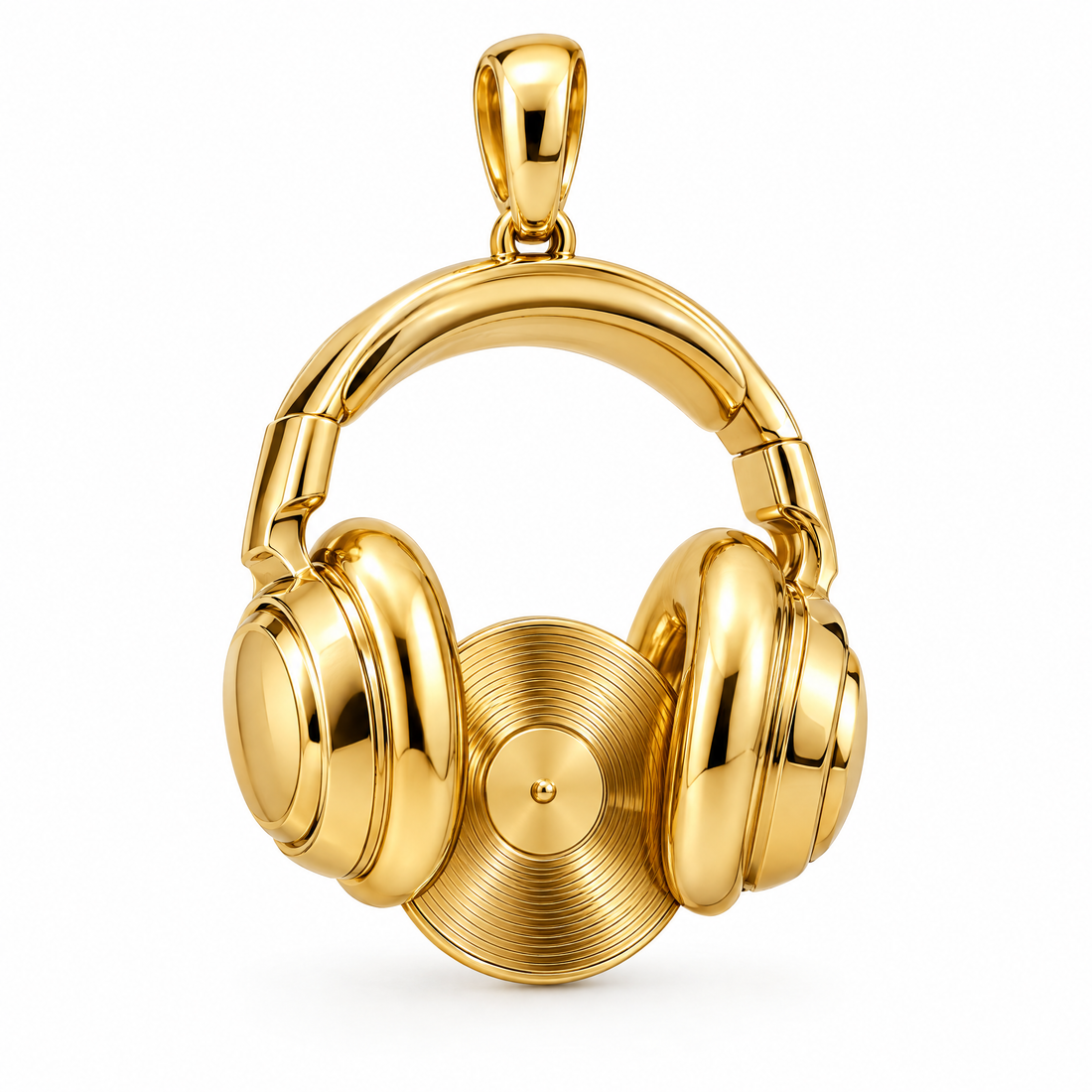 DJ headphones and record pendant in high-polish yellow gold; 1Luxury Miami design render, pendant only.