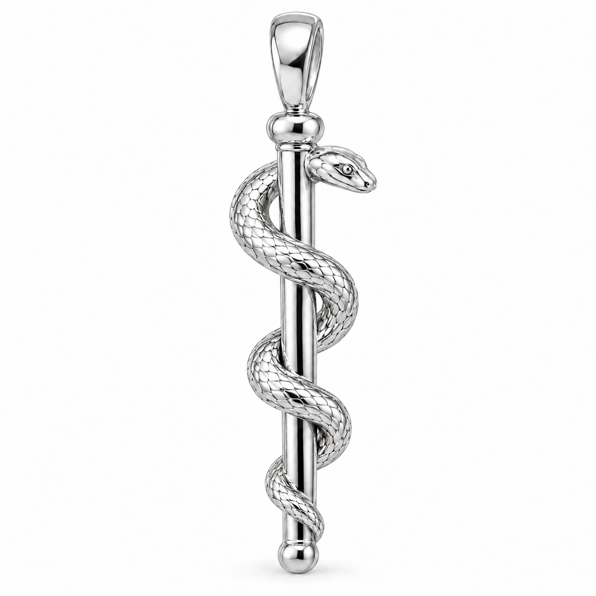 Doctor Rod of Asclepius pendant in high-polish white gold; 1Luxury Miami design render, pendant only.