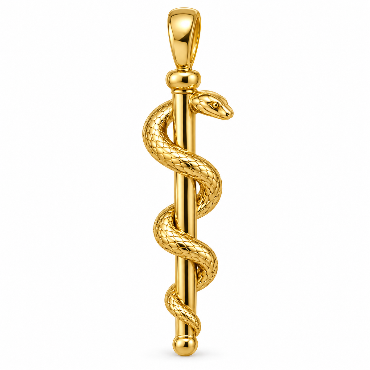 Doctor Rod of Asclepius pendant in high-polish yellow gold; 1Luxury Miami design render, pendant only.