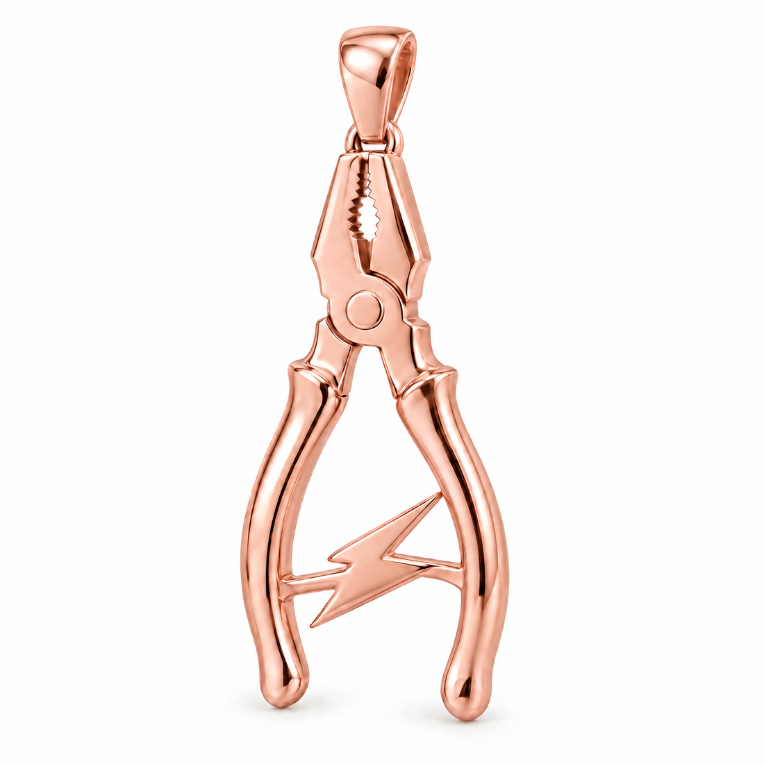 Electrician pliers and lightning pendant in high-polish rose gold; 1Luxury Miami design render, pendant only.