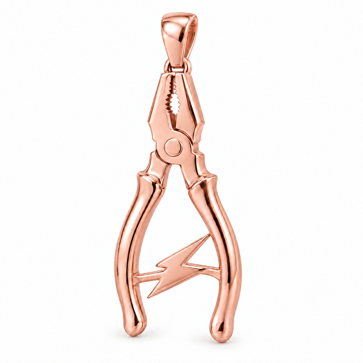 Electrician pliers and lightning pendant in high-polish rose gold; 1Luxury Miami design render, pendant only.