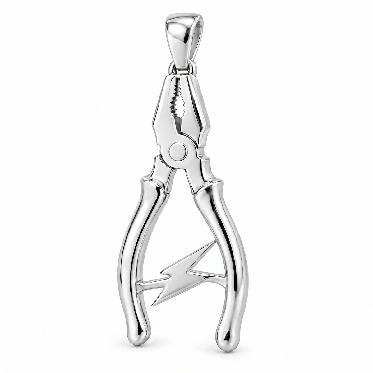 Electrician pliers and lightning pendant in high-polish white gold; 1Luxury Miami design render, pendant only.
