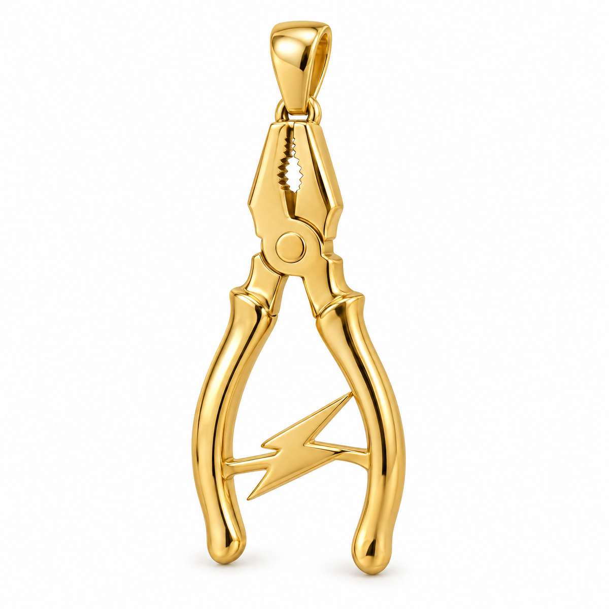 Electrician pliers and lightning pendant in high-polish yellow gold; 1Luxury Miami design render, pendant only.