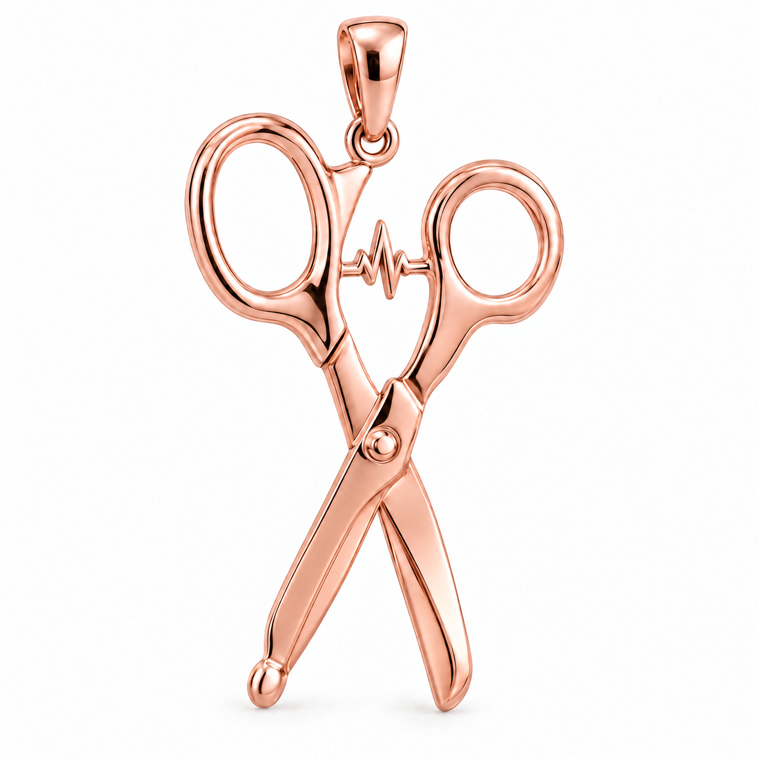 EMT paramedic trauma shears pendant in high-polish rose gold; 1Luxury Miami design render, pendant only.