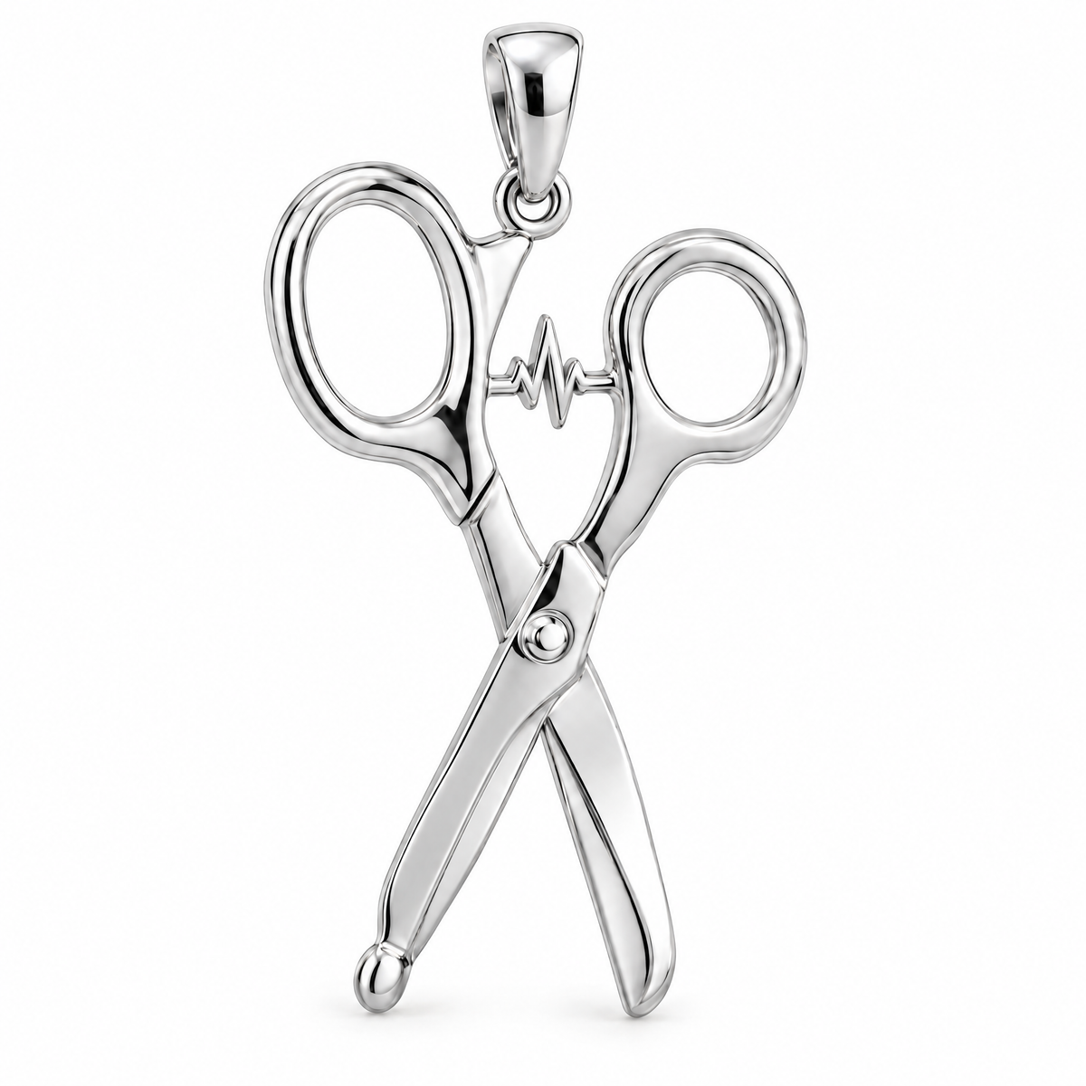 EMT paramedic trauma shears pendant in high-polish white gold; 1Luxury Miami design render, pendant only.
