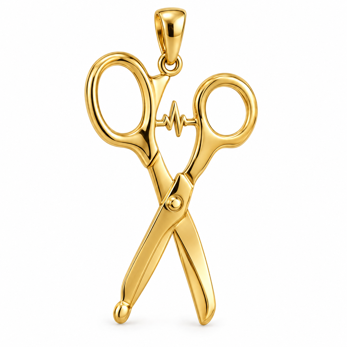 EMT paramedic trauma shears pendant in high-polish yellow gold; 1Luxury Miami design render, pendant only.